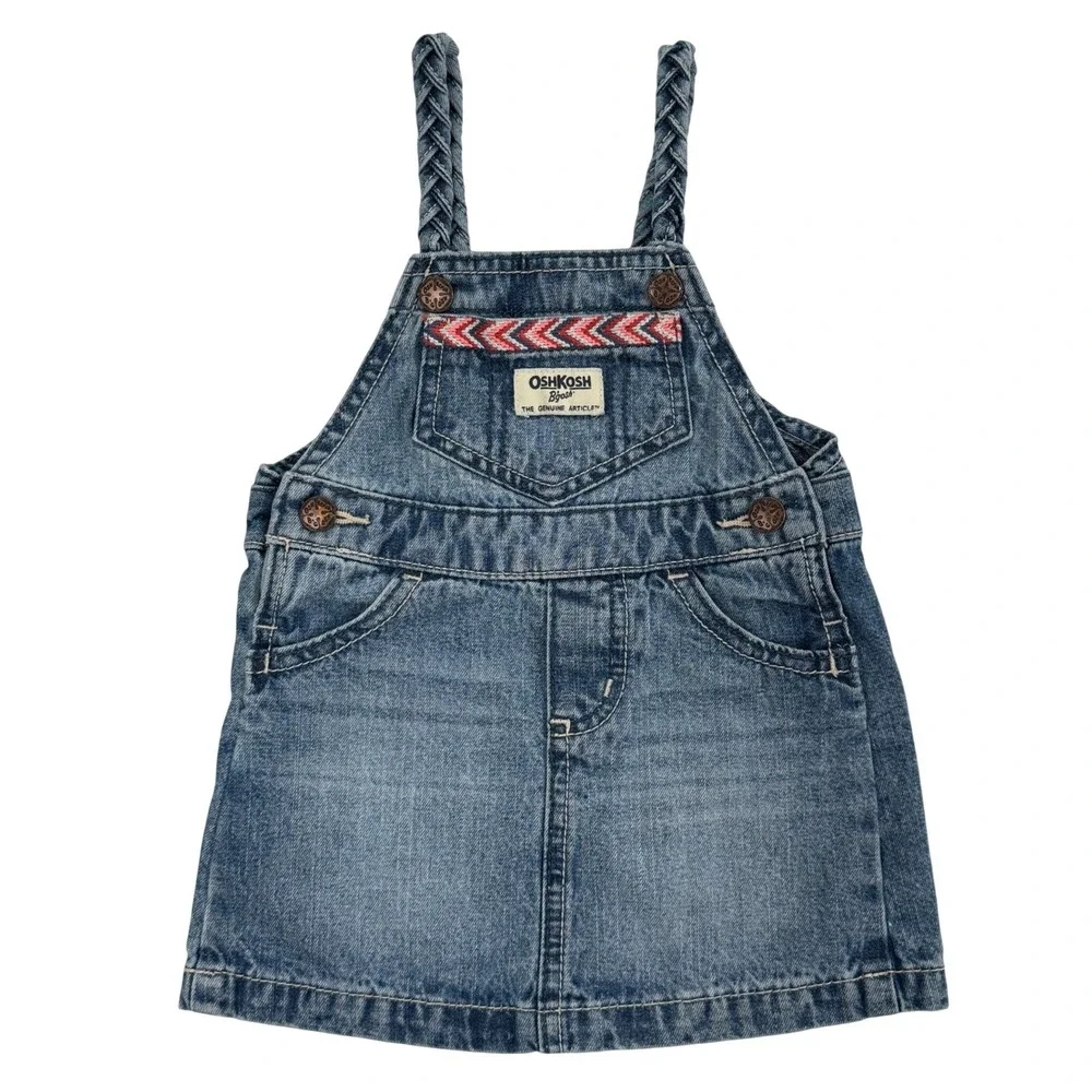 OshKosh Bgosh Baby Girls 9M Denim Overall Jumper Dress Braided Straps Blue K49